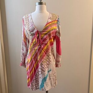 Pink Multi-Print V-Neck Tie-Front Swim Coverup